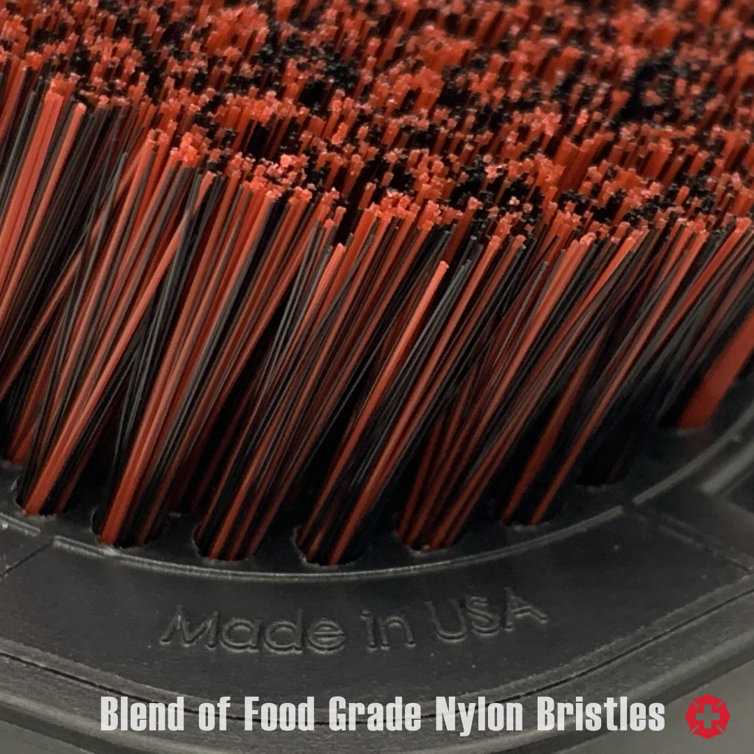 Bristle Blend – varying bristle thickness optimized to clean different types of debris (hair, skin, soap, cream, bacteria) around your blade(s).  Red for robust cleaning and black for a polished finish.  Food Grade Nylon Bristles – fibers are nonporous which inhibits moisture absorption, bacterial growth and cross-contamination.  Good enough to get approval for food applications by the FDA (U.S. Food and Drug Administration).
